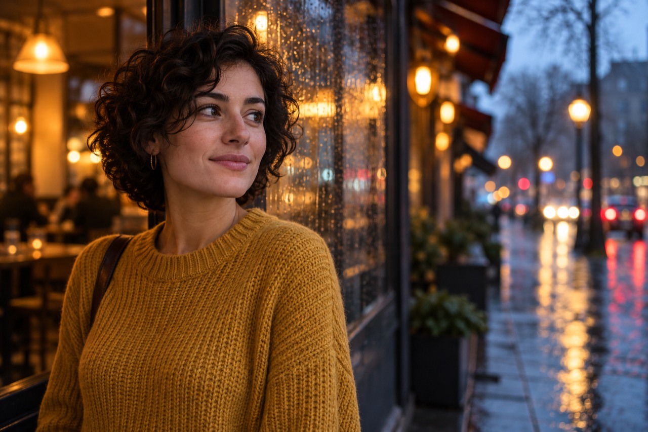 AI-generated portrait of a woman in a mustard sweater outside a rainy café — our demo sample